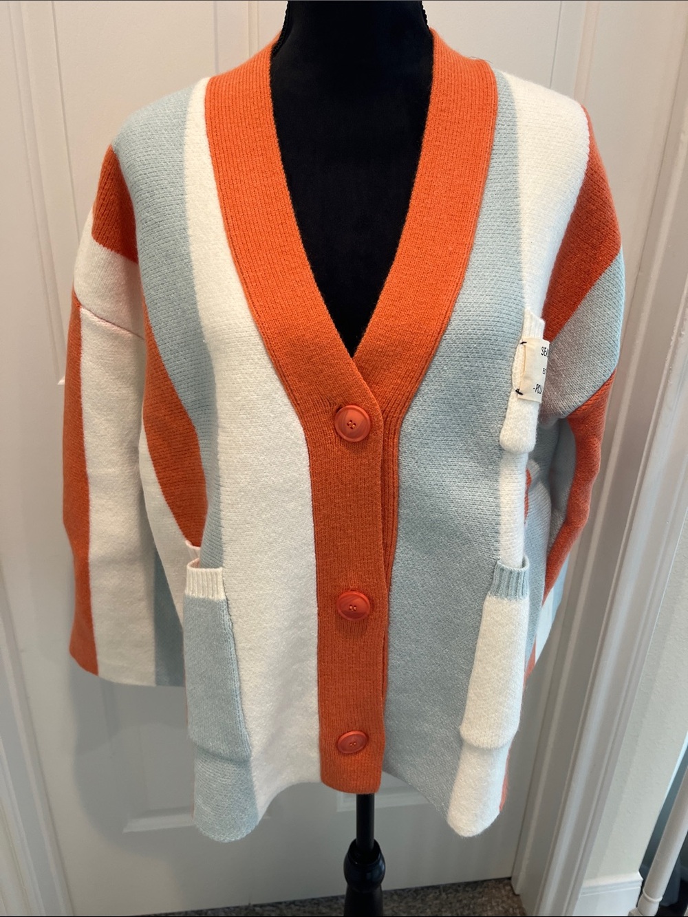 Source Unknown Striped V-Neck Cardigan in Orange, White & Light Blue